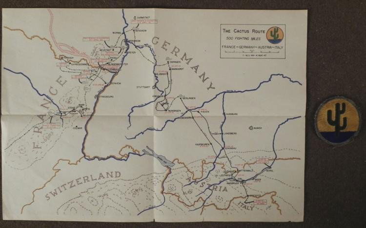 WWII 103RD DIV US ARMY MAP CACTUS ROUTE GERMANY & PATCH: OFFERED HERE IS A WWII 103RD DIVISION US ARMY MAP OF THE CACTUS ROUTE TO GERMANY & DIVISON PATCH. THE MAP SHOWS THE ADVANCEMENT OF THEIR TROOPS INTO GERMANY FROM 1944-45. *