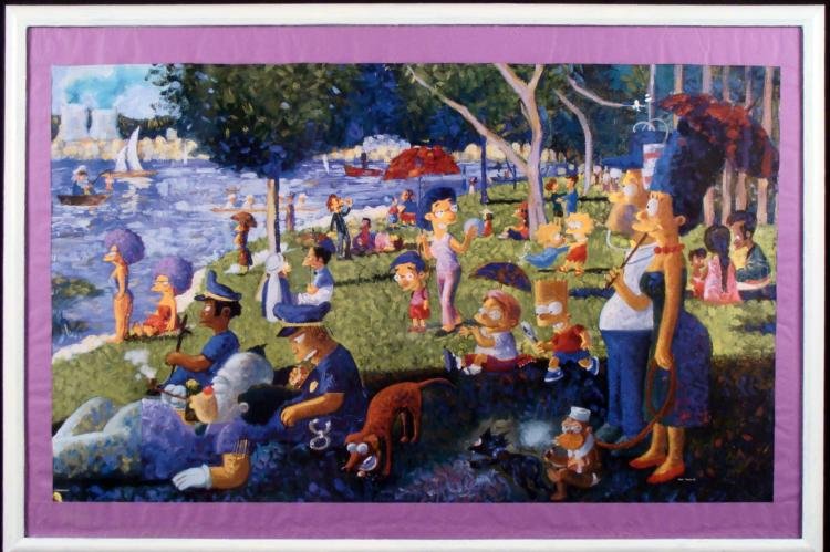 The Simpsons Sunday Afternoon Seurat Parody Print Frmd: It's A Sunday Afternoon on the Island of La Grande Springfield. This print is a parody of the famous painting by Georges Seurat. In the same poses as the original, the Simpsons are here, along with ma