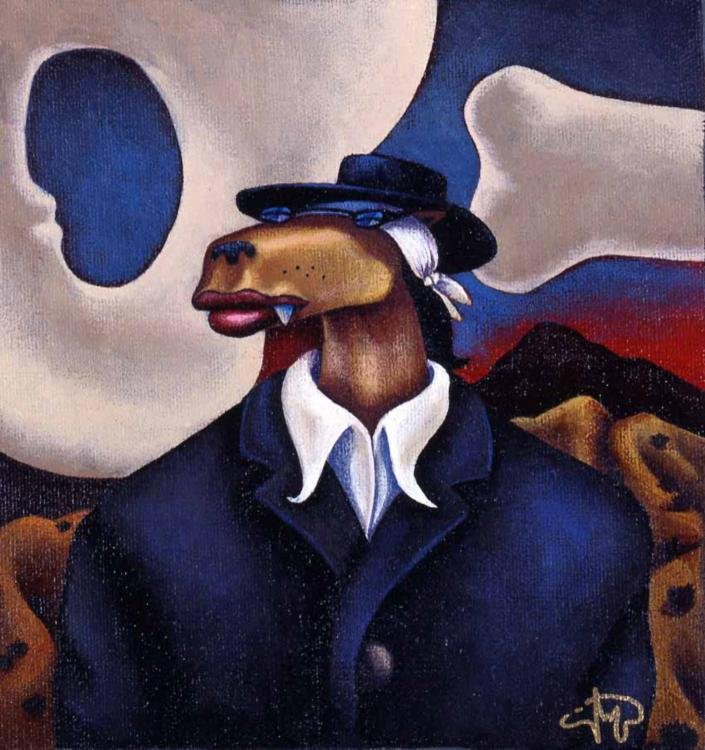 Markus Pierson 'COYOTE PORTRAIT OF O'KEEFE' Canvas: Artist: Markus PiersonTitle: Coyote Portrait of O'KeefeMedium: Canvas SerigraphOrientation: verticalImage Size: 10 x 11.5 inchesPaper Size: 10 x 11.5 inchesEdition Size: 175: Signed by the artist, ind