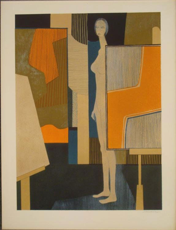 Andre Minaux Signed Art Print Nude in Artists Studio: This nude female figure appears to be blending in well in the artist's studio, with its slightly earthy hues, yet lively shapes and lines.Artist: Andre MinauxSignature: In pencil, lower rightMedium: L