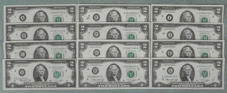 Complete Set of 12 Diff Mints A-L 1976 $2 Dollar Bills: Complete Set of 12 Diff Mint Mark 1976 $2 Dollar Bills Notes * * * Picture is representative of the bills you will receive