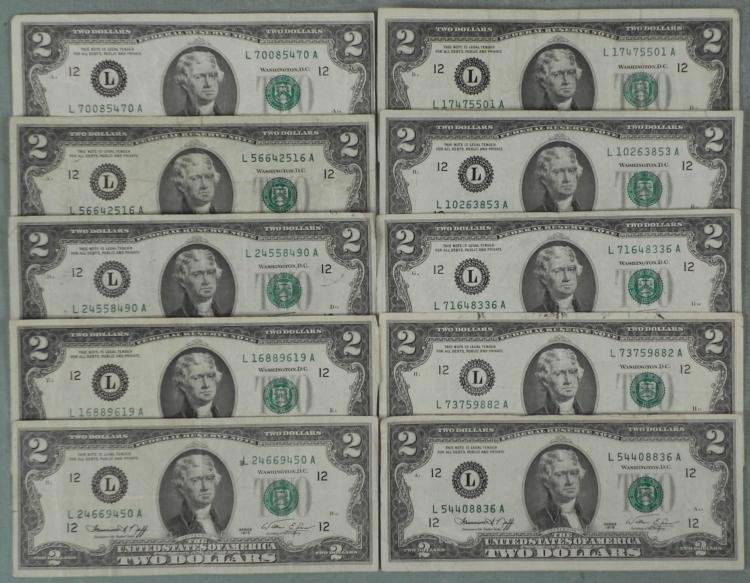 10 $2 Dollar Bills Notes 1976 "L" San Francisco Mint: 10 $2 Dollar Bills Notes 1976 "L" San Francisco MINT *