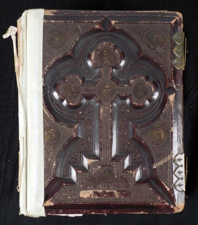1874 Antique Family Catholic Bible Dr. Challoner: This is an original 1874 edition of the Holy Bible, acccording to the Douay and Rheimish versions. It features annotations by the Reverand Dr. Challoner. There are many illustrations, with two gold an