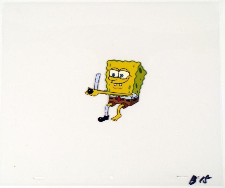 Animation Original Pull Shoe Off Cel SpongeBob Sock Art: This original animation cel is from the Nickelodeon TV show SpongeBob Squarepants. The story takes place under the deep blue sea in Bikini Bottom, where SpongeBob resides. Sp