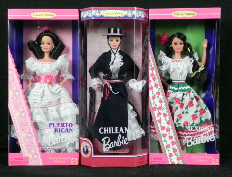 3 Barbies of the World- Chilean Mexican Puerto Rican: Here are three Barbie dolls from the southern countries. You will receive: * Puerto Rican- the "Island of Enchantment" that has a rich and luscious countryside, warm trade winds and an ocean tha