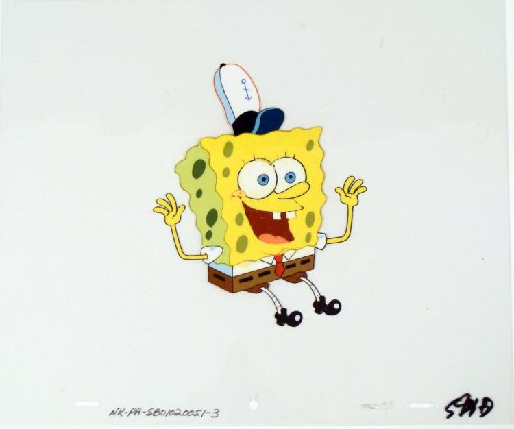 Excited Animation Cel Original SpongeBob Art Hands Up: This original animation cel is from the Nickelodeon TV show SpongeBob Squarepants. The story takes place under the deep blue sea in Bikini Bottom, where SpongeBob resides. Sp