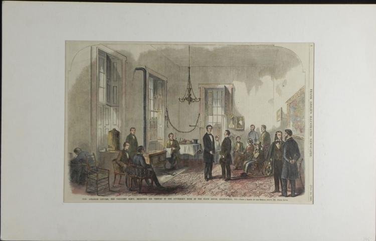 Antique Print President Abraham Lincoln Pre Civil War: Here is an early depiction of President Lincoln, without his typical beard and hat, in his hometown of Springfield. On the reverse is an article about the secession movement in the South. * * Title: "