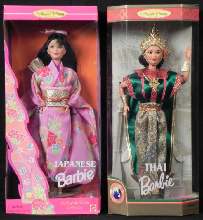 2 Asian Barbie Dolls of the World Japanese, Thai MIB: Here are two Collector Edition Asian Barbies from the Dolls of the World Series. Japanese Barbie in kimono, with slippersThai Barbie in a Lacon dance costumeWe are offering a very large collection of 