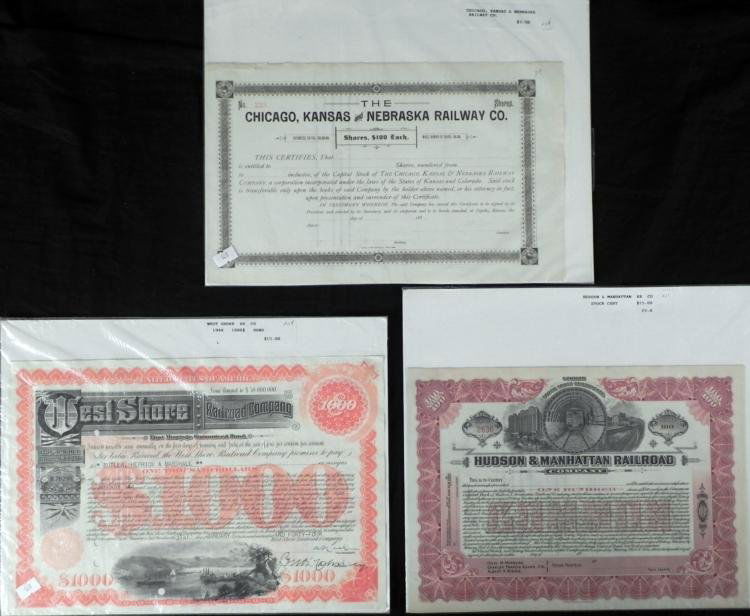 3 Antique Railway Stock Certificates NY Hudson Chicago: Here are three antique or vintage stock certificates from Railway companies. Two feature really nicely detailed images of trains and shoreline. All are in excellent condition, sealed in shrink wrap on