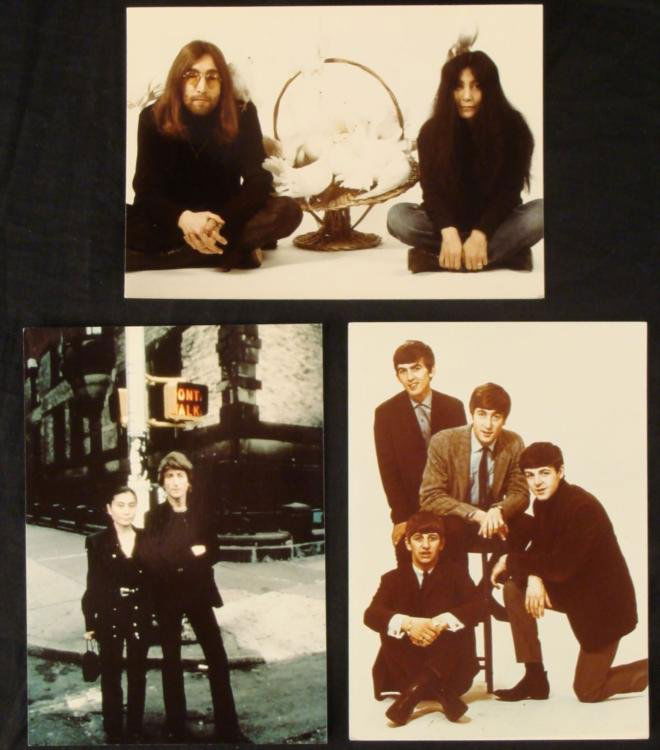 3 Beatles John Lennon, Yoko Ono 5x7 Photos 2nd Gen.: Here are 3 different 5 x 7 glossy photographs featuring the Beatles in one, and John Lennon and Yoko Ono in the other two. The photos are second generation, and are in very good to excellent condition