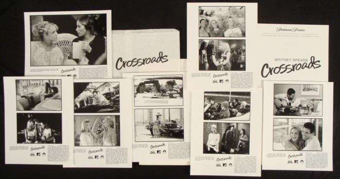 Britney Spears Crossroads Movie Press Kit w/ Photos: This is an original press kit for the 2002 Britney Spears movie "Crossroads." This kit includes a set of seven 8 x 10 black and white photos highlighting the stars and scenes from the movie, plus a pr