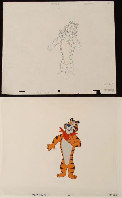 Original Cel Guilty Drawing Tony the Tiger Production: I plead the 5th... * * * Original Drawing and Animated Cel Original "rough" animation drawing, in non-photo blue, black, and red with the notations in black * * Overall size is a 12-field&nb