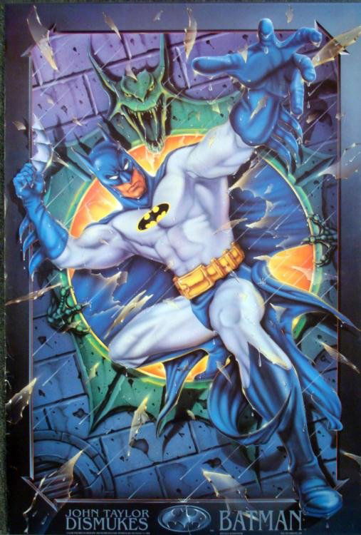 Batman Dismukes Large Art Lithograph 24 x 36: Batman appears to be jumping right off the paper in this vivid poster. * Artist: John Taylor Dismukes Medium: Lithograph on paper Size: 24" x 36" Publisher: ZanartYear: 1990Condition: Good; some edge