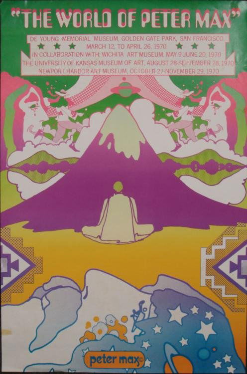 Peter Max Art Exhibit Poster World of Peter Max: This dazzling vintage poster is from an exhibit of Peter Max work that took place at four different galleries. * Artist: Peter MaxTitle: World of Peter Max * Year: C. 1970'sMedium: Poster print on pap