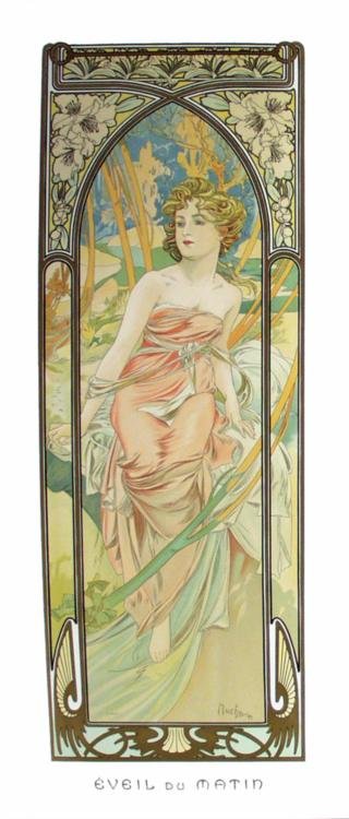 Alphonse Mucha : Eveil de Matin Art Print: Artist: Alphonse Mucha * Title: Eveil de Matin * Image Size: 40 x 14.25 inches. * Paper Size: 46 x 19.25 inches. * Notes: Lithograph