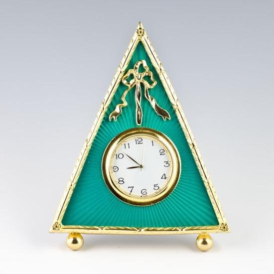 Green Triangle Clock Faberge Frame: Green Triangle Clock Faberge Frame, The photo frame is in two color gold-mounted green enamel surrounded by a crystal set ribbon tie suspended by a laurel garland. The frame's edges are covered wi