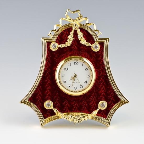 Faberge Inspired Red Enameled Clock Frame: Faberge Red Enameled Clock Frame, The photo frame is in two color gold-mounted green enamel surrounded by a crystal set ribbon tie suspended by a laurel garland. The frames edges are covered with 