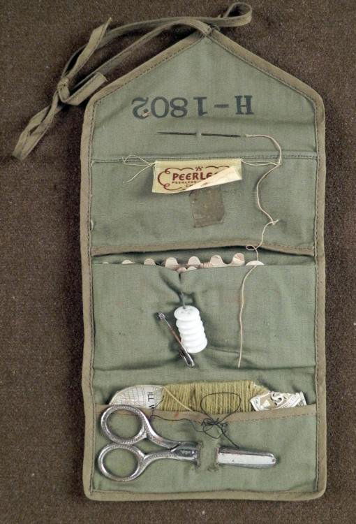 COMPLETE WWII GI SEWING KIT - OD CANVAS AND NUMBERED: OFFERED HERE IS A WWII GI SEWING KIT, COMPLETE WITH ALL OF THE ITEMS INSIDE. IT HAS AN OD CANVAS & IS NUMBERED. *