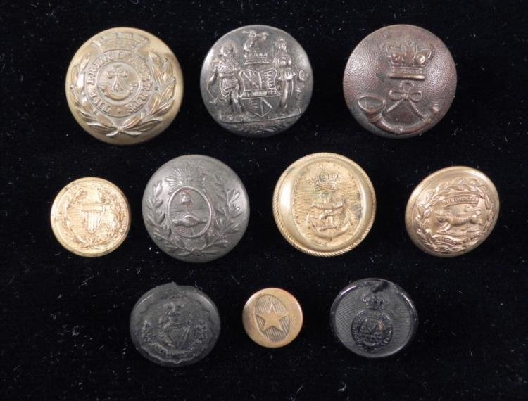 10 Royal British & Irish Military Antique Gilt Buttons: 10 Royal British Military and Irish Police Antique Coat Buttons, including 3 gilt * Obverse: "Hindostan Leicestershire" with lion; "The Prince Albert" with crown; Anchor with crown; Shield with laurel