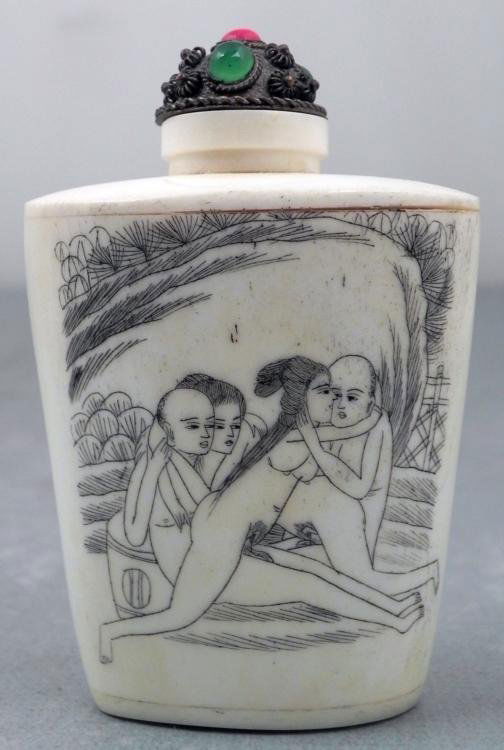 Antique Ivory Erotic Orgy Chinese Snuff Bottle: This is an antique snuff bottle, with an etched design on one side depicting an erotic scene. It appears to be an orgy, with two couples. The other side has the image of koi fish among reeds in a pond
