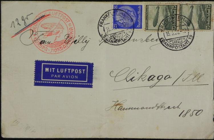 German Hindenburg Graf Zeppelin 3 Stamps, Envlp WWII: German envelope with 2 Hindenburg Zeppelin stamps, one Von Hindenburg stamp, and postmarks, sent from Germany to North America aboard the famous Hindenburg. * Stamp: Graf Zeppelin Mit LZ 129, 75 * Pos
