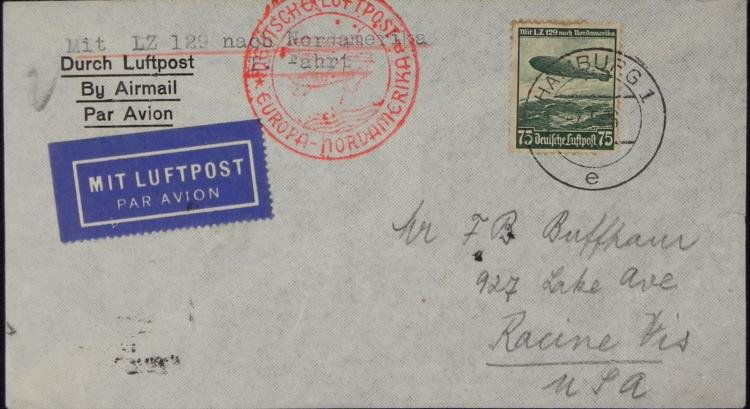 German Graf Zeppelin Hindenburg Stamp Env WWII Nazi: German envelope with Hindenburg Zeppelin stamp and postmarks, sent from Germany to North America aboard the famous Hindenburg. * Stamp: Graf Zeppelin Mit LZ 129, 75 * Postmark: Hamburg, (date unclear)