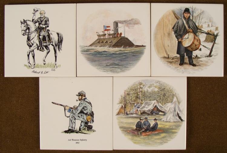 5 1862 CIVIL WAR CERAMIC TILES- ROBERT E LEE DRUMMER: OFFERED HERE ARE FIVE CIVIL WAR CERAMIC TILES. THEY ARE 6" SQUARE, WITH ROBERT E. LEE, DRUMMER, 3RD TENNESSEE INFANTRY - 1862, ETC. THESE ARE NICE DISPLAY PIECES. *