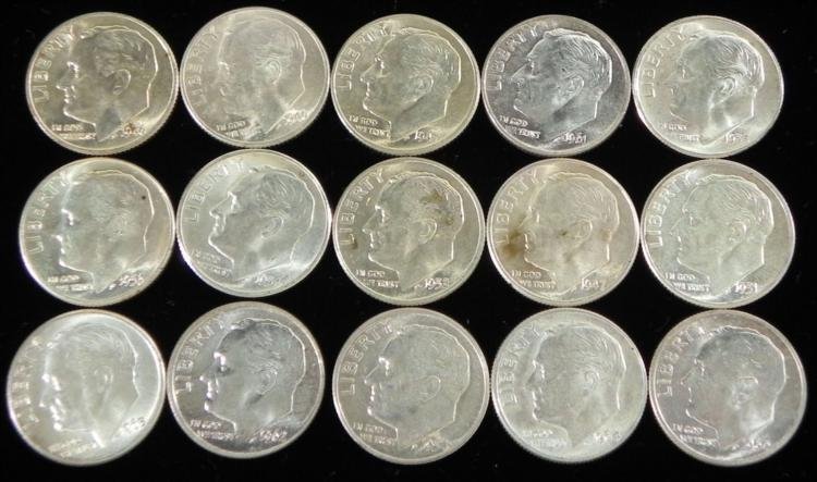 15 Diff Date UNC Silver Roosevelt Dimes 1946-1966: 15 Silver Roosevelt Dimes, all from different dates * * Dates: 1946-P, D, 1947-P, D, 1951, 1952-D, 1953-S, 1954-P, S, 1956, 1960, 1961, 1962, 1963-D, 1964Condition: Uncirculated *
