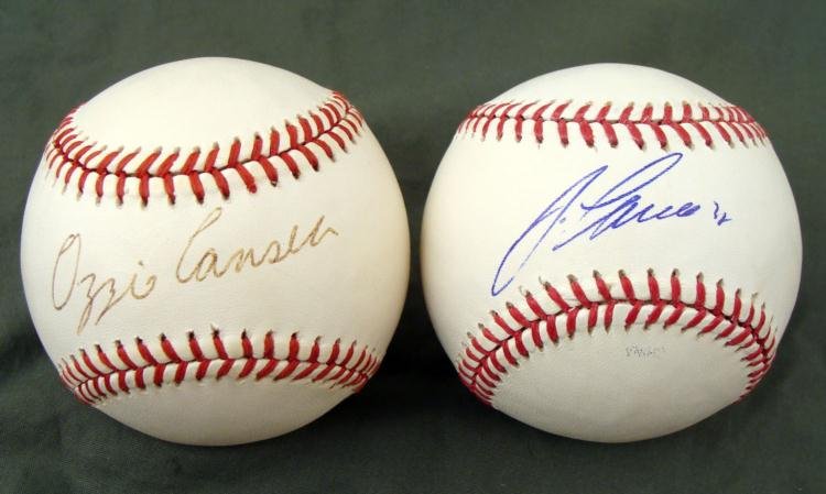 Jose and Ozzie Canseco Oakland A's Signed Baseball: Probably one of the most controversial players in game, Jose Canseco, was one of the fore runners to begin stirring the pot about the steroid issue baseball players face. Having a quite successf