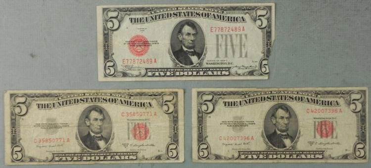 3 Red Seal $5 Bills Notes 1928, 1953: 3 Red Seal $5 Bills Notes 1928, 1953 * * Condition: Missing corner on 1928 *