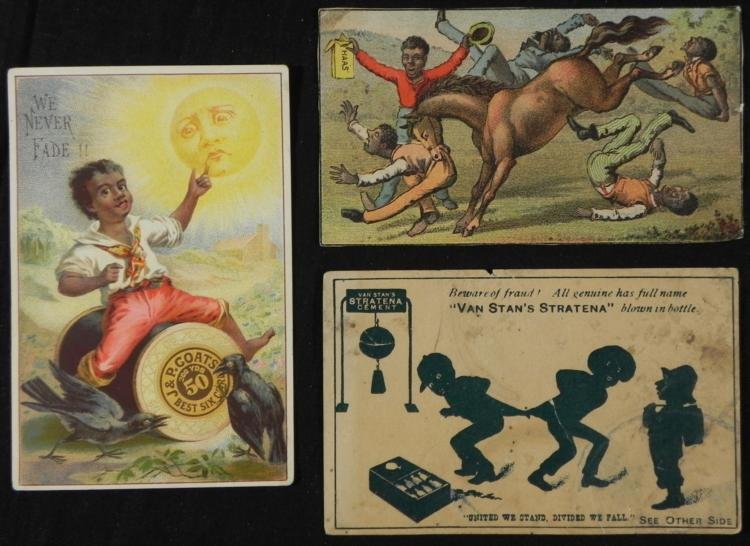3 Black Americana Trade Cards J & P Coats Haas Van Stan: These three antique trade cards all have images of African Americans as portrayed in the late 1800's or early 1900's. They are in good to very good condition, one with staing spotting as shown. * * * 