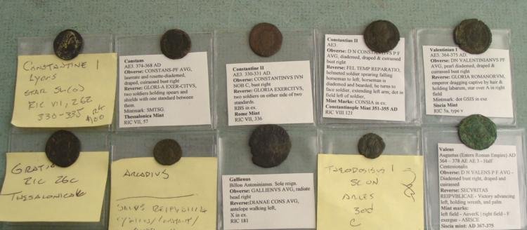 10 Ancient Roman Coins- Gratian Honorius Arcadius: 10 ancient Roman coins, each in a plastic sleeve with description * ConstansConstantine Constantine II GratianValensTheodosius IArcadius Constantius IIValentinian IGallienus * Size range: 7- 20 mm in 