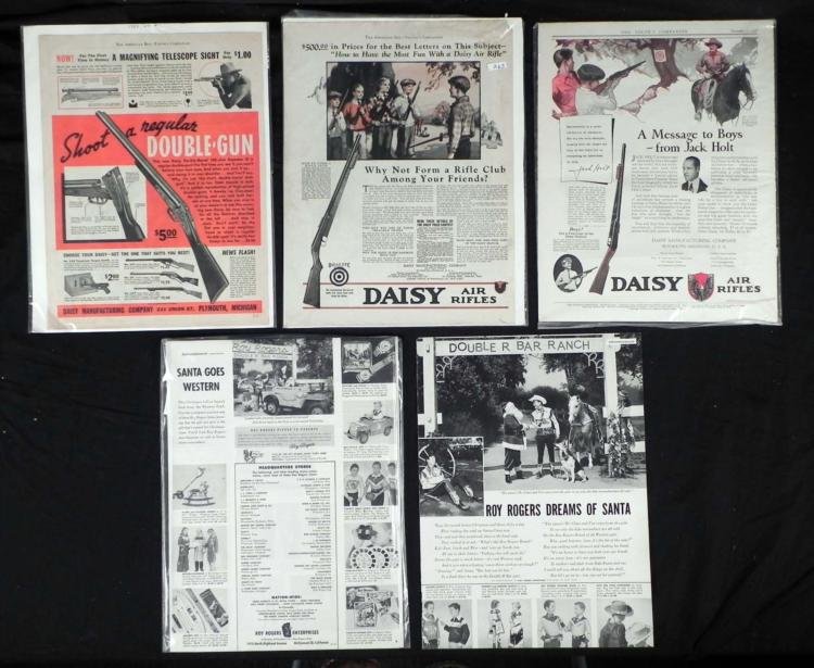 4 Vintage Cowboy Toy Ads Daisy Rifles Roy Rogers: Here are four vintage magazine page advertisements for Western and cowboy related items. The size is 11 x 14 inches. Most are from The American Boy. All are in very good condition, and will be n