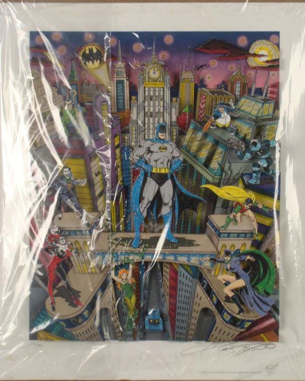 Batman 3-D Ltd Ed Signed Comic Art Print Fazzino: The heights of Gotham city come alive in sparkling 3-D in this fantastic Batman art print! Here are Batman and Robin standing tall among a cast of villain, while the layers and angles of the buildings