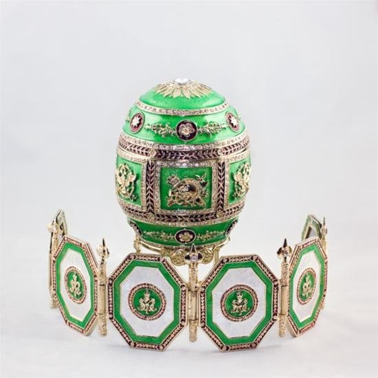 Faberge Napoleonic Egg: Faberge Napoleonic Egg. Material: Pewter, Enamel, Crystals. Dimensions: 6.5in (H) X 3.5in (D) The famed Faberge eggs are jeweled eggs, often with the most ornate, minuscule designs on 