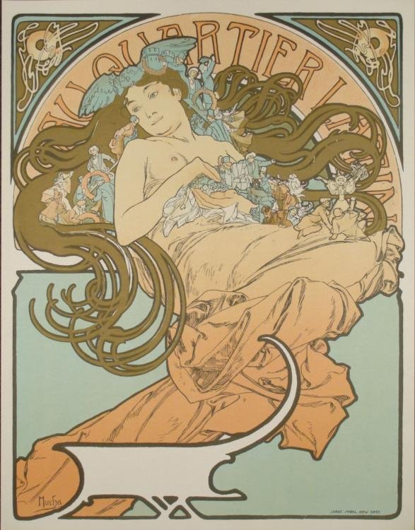 Alphonse Mucha : Bare Breasted Woman Art Print Nude: In this art print, Mucha makes this nude woman's form flow beautifully into the Art Nouveau setting. Artist: Alphonse Mucha Title: Bare Breasted Woman * Image Size: '30 7/8 x 24 inches. Paper Size: 30