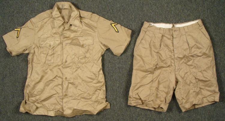 Post WWII U.S. MILITARY TROPICAL UNIFORM SHIRT, SHORTS: Post WWII U.S. MILITARY TROPICAL UNIFORM-SHORT SLEEVE SHIRT (PRV CHEVRON) & SHORTS-MEDIUM-TAN KHAKI * BOTH PCS MARKED W.GI'S ID #'S-SHIRT MARKED MEDIUM *