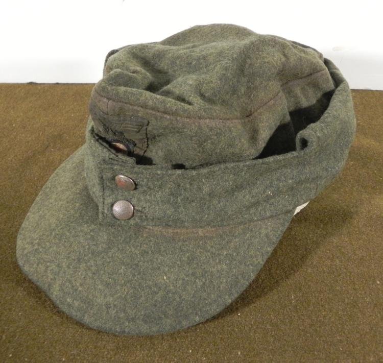 NAZI WEHRMACHT M43 FIELD CAP--ORIGINAL VET BRINGBACK: NAZI WEHRMACHT M43 FIELD CAP--ORIGINAL VET BRINGBACK-INSIGNIA--MARKED INSIDE * M-43 NAZI WEHRMACHT/ARMY ORIGINAL FIELD CAP--DOUBLE BUTTON FRONT THAT CAN BE TAKEN DOWN OVER EARS-GRAY WOOL--HAS WH EAGLE