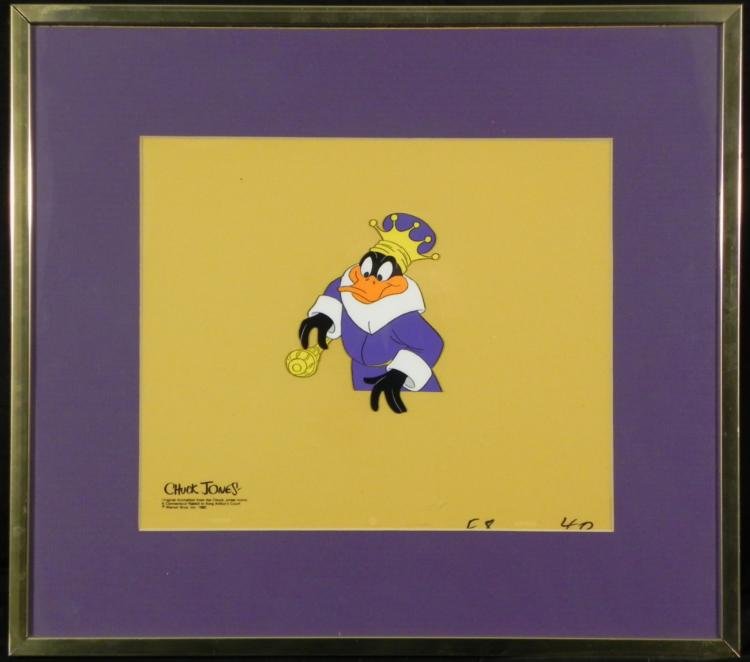 Daffy Duck Orig Animation Cel King Arthurs Court w/COA: This animation cel was used in the production of the Chuck Jones movieA Connecticut Rabbit in King Arthur's Court. This scene features Daffy as the King. And a daffy king is he! * * Medium: Hand paint