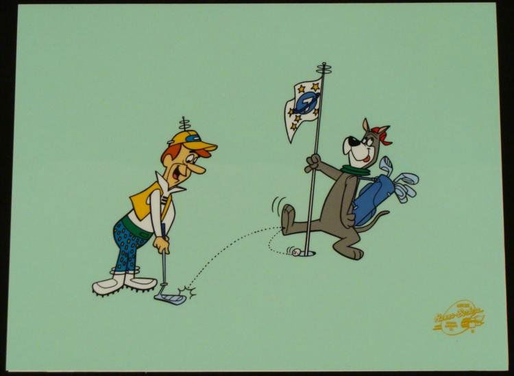 The Jetsons Sericel Astro Orig Animation Golf Putting: It appears that Astro is helping George Jetson hit his ball into the hole. This is a cel from the production of the TV show "The Jetsons." * * Size of Cel: 10 3/4 x 14 inchesHanna-Barbera trademarked