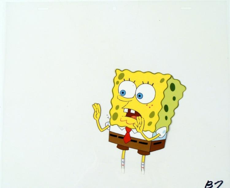Spongebob Original Art Get Away From Me Animation Cel: This original animation cel is from the Nickelodeon TV show SpongeBob Squarepants. The story takes place under the deep blue sea in Bikini Bottom, where SpongeBob resides. Sp