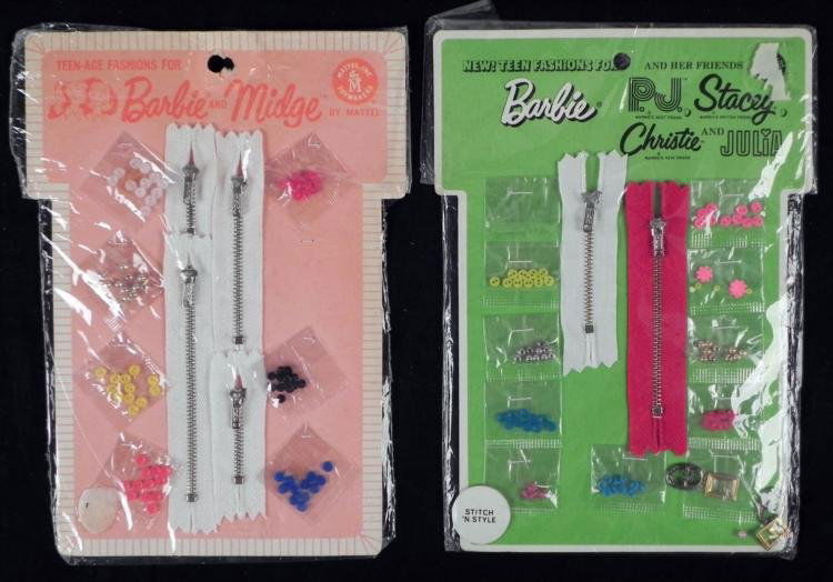 2 Vintage Barbie Doll Outfit Repair Kits 1963 1969 Mint: Here are two hard-to-find repair kits made by Mattel for Barbie, Midge, and other friends. * Pink backing from 1963Green backing from 1969, with booklet insideCondition: Mint on cards, in plastic wrap