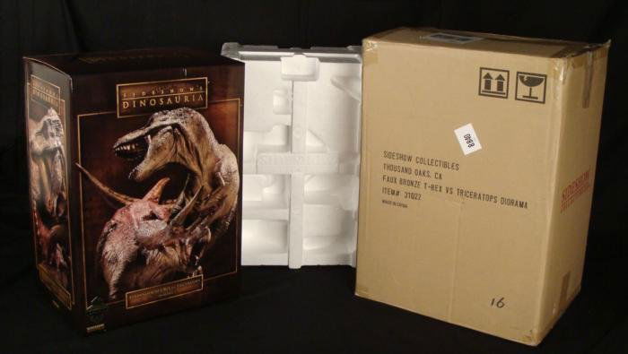 Sideshow T-Rex Vs Triceratops Ltd Ed Bronze Diorama MIB: Sideshow Collectibles presented a limited "Faux Bronze" edition of their diorama T-Rex Vs.Triceratops, and this is it, in Mint condition in the original box. The styrofoam is still sealed, and it even