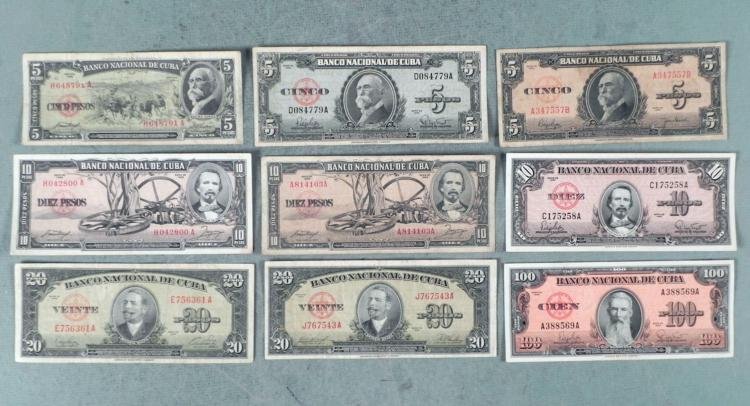 9 Diff Early Cuban 1949-1960 Currency Paper Money: 9 Diff Early Cuban 1949-1960 Currency * (3) 5 Pesos(3) 10 Pesos(2) 20 Pesos(1) 100 Pesos - 1959