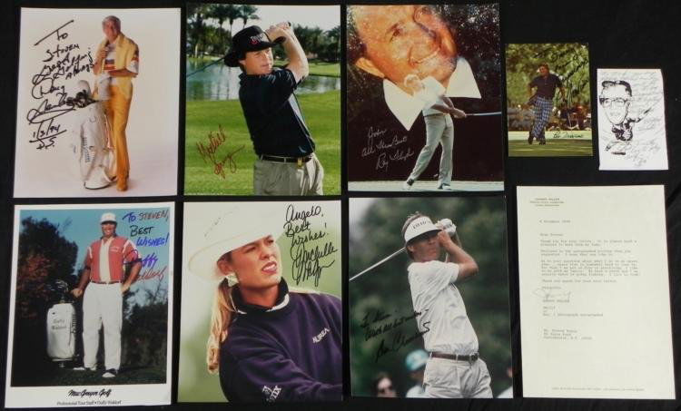 8) Signed Golfer Greats Photos Prints Golf Memorabilia: Here * we have eight signed photos from great golfers in history. In this lot you will receive:Lee TrevinoRaymond FloydMichelle McGannJohnny Miller LetterDoug SandersBen CrenshawDuffy WaldorfMichael S