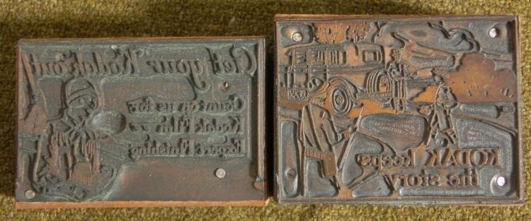 2 Kodak Camera Ad Copper Print Blocks w/ Slogans 1920s: These two copper printers blocks were made for print advertisements for Kodak cameras around the 1920's. They come from a collection of Kodak print blocks. Both show scenes of outdoor photography, and
