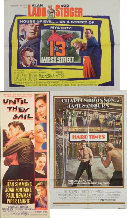 3 Classic Movie Posters Hard Times 13 West St They Sail: 3 Classic Movie Posters Prints Hard Times 13 West St Until They Sail * Until They SailSize: 36" x 14"Condition: Good13 West Street * Size: 22" x 28"Condition: Very goodHard Times * Size: 27" x 41"Cond