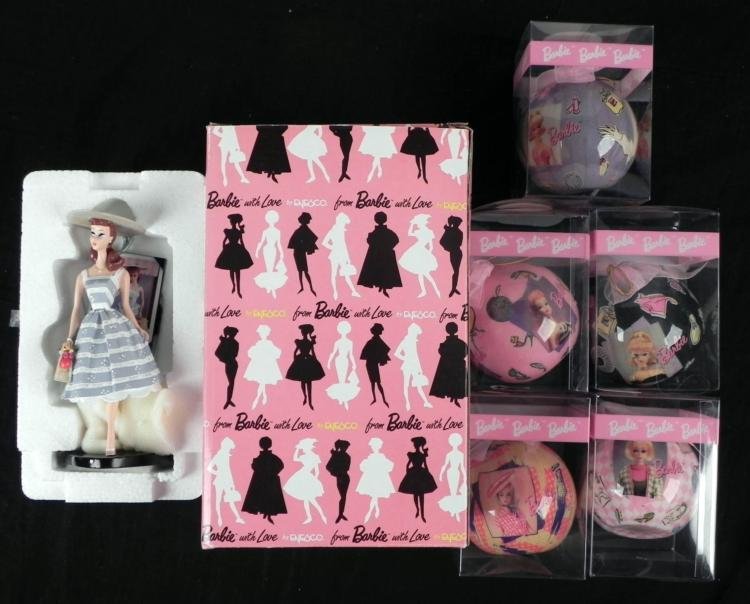 Barbie Figurine Suburban Shopper & 5 Ornaments MIB: Here are six great Barbie items:Suburban Shopper figurine, 1959 style, 113751, from the From Barbie with Love series by Enesco5 different round ornaments, with great retro images, and colorful accesso