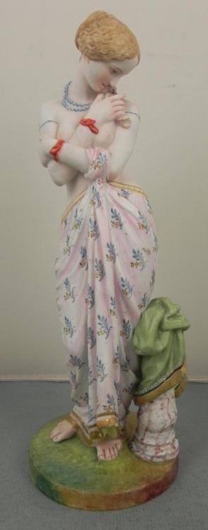 Nude Lady w/ Dove Bisque Figurine Sculpture Signed E.V.: This bisque sculptural figurine is a lovely lady draped in a pink floral pattern sheet, and holding a little dove. She looks a little bashful, and has a beautiful form. * Artist: Signed initials E.V. 
