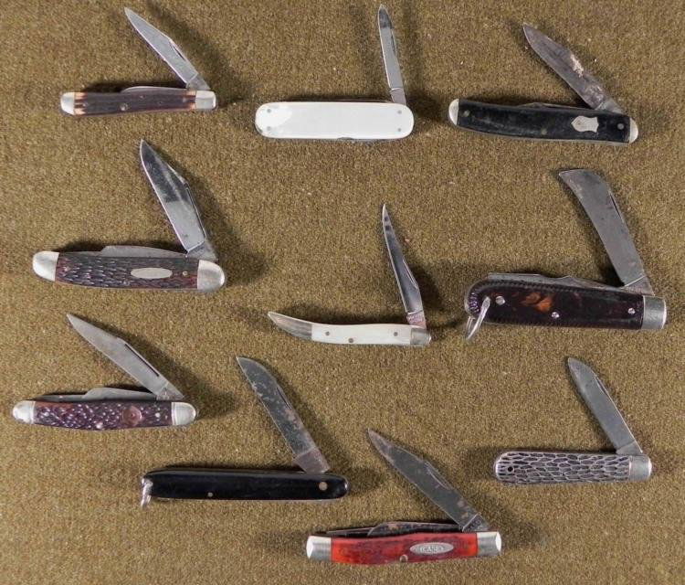 10 VINTAGE FOLDING POCKET KNIVES- BOKER CASE HOFRITZ: OFFERED HERE IS A COLLECTION OF 10 VINTAGE UNCLEANED FOLDING POCKET KNIVES. IN THIS LOT YOU WILL RECEIVE: CUT-RITE, BOKER, CASE, HOFRITZ, RIC-NOR, BRITISH LOGO, IMPERIAL, MUSTANG, CRAFTSMAN. * *